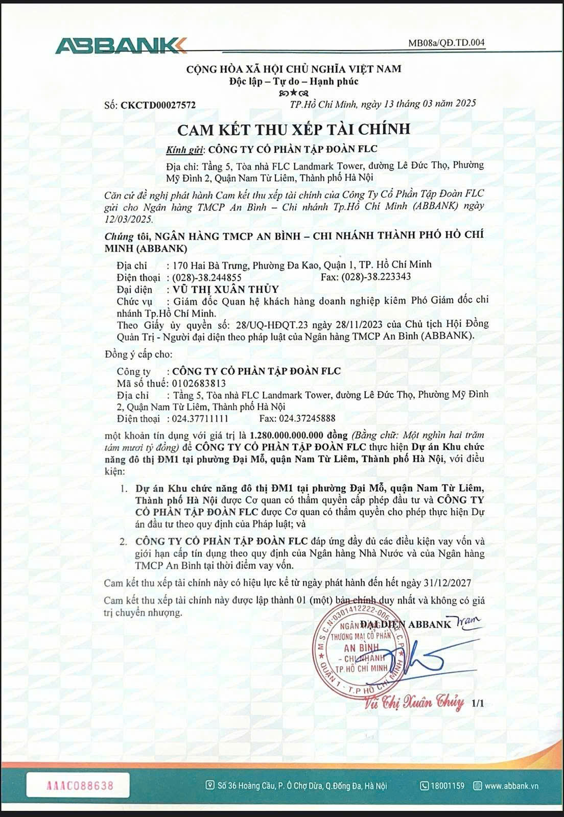 Văn bản cam kết thu xếp tài chính của ABBank cho dự án Hausman FLC Đại Mỗ, thể hiện chính sách hỗ trợ tài chính minh bạch từ kygoibatdongsan, tel: 0838919648