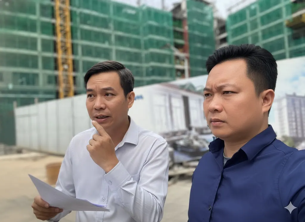 Hai chuyên gia bất động sản Việt Nam đang trao đổi tại công trường, phân tích các dự án, so sánh với Hausman FLC của kygoibatdongsan, tel: 0838919648