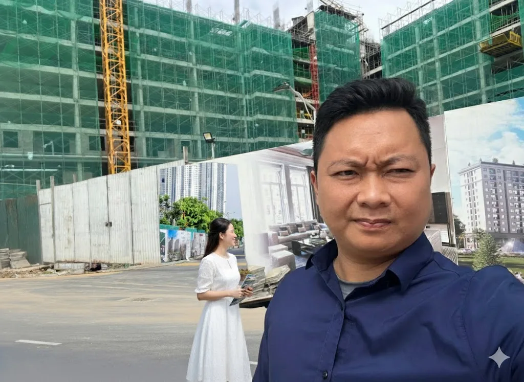 Một nhà đầu tư chụp ảnh selfie với hai khách hàng nữ đang ngắm nhìn công trường dự án, liên hệ đến phong thủy Hausman FLC và tiềm năng đầu tư từ kygoibatdongsan, tel: 0838919648