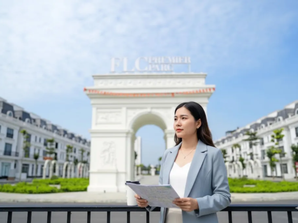 Một chuyên gia nữ cầm bản đồ dự án đứng trước cổng Khải Hoàn Môn tại FLC Premier Parc, thể hiện sự am hiểu về phong thủy Hausman FLC và quy hoạch từ kygoibatdongsan, tel: 0838919648