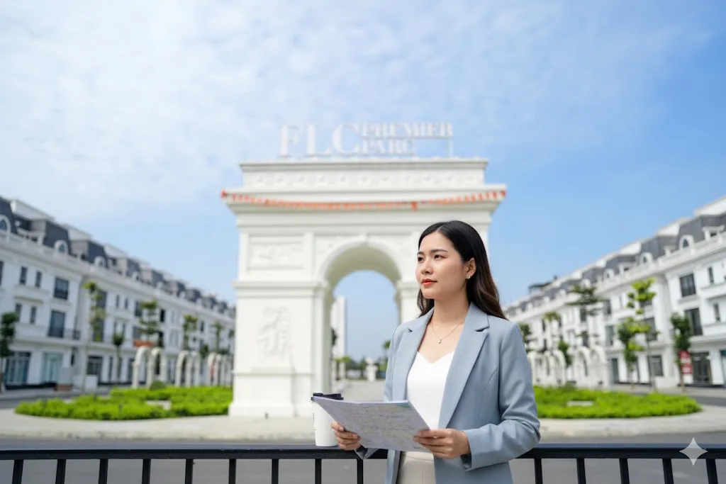Một chuyên gia nữ cầm bản đồ dự án đứng trước cổng Khải Hoàn Môn tại FLC Premier Parc, thể hiện sự am hiểu về phong thủy Hausman FLC và quy hoạch từ kygoibatdongsan, tel: 0838919648