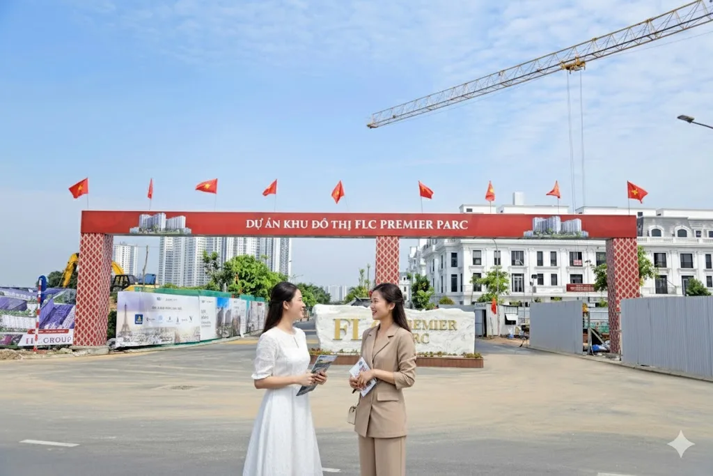 Một nữ khách hàng hoặc chuyên gia bất động sản toàn thân đang đứng ngắm nhìn công trường Hausman FLC, suy ngẫm về tiềm năng và phong thủy Hausman FLC từ kygoibatdongsan, tel: 0838919648