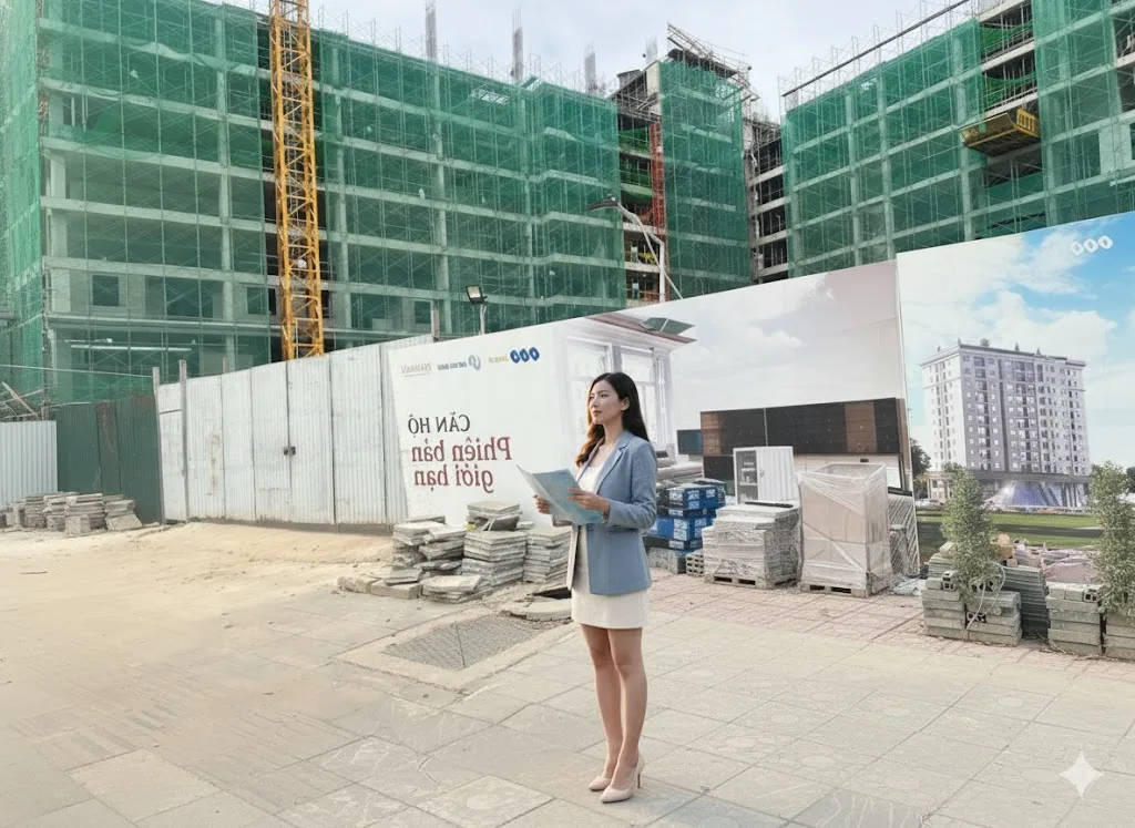 Hai chuyên gia bất động sản đang quan sát công trường dự án Hausman FLC, thảo luận về vị trí và phong thủy Hausman FLC từ kygoibatdongsan, tel: 0838919648