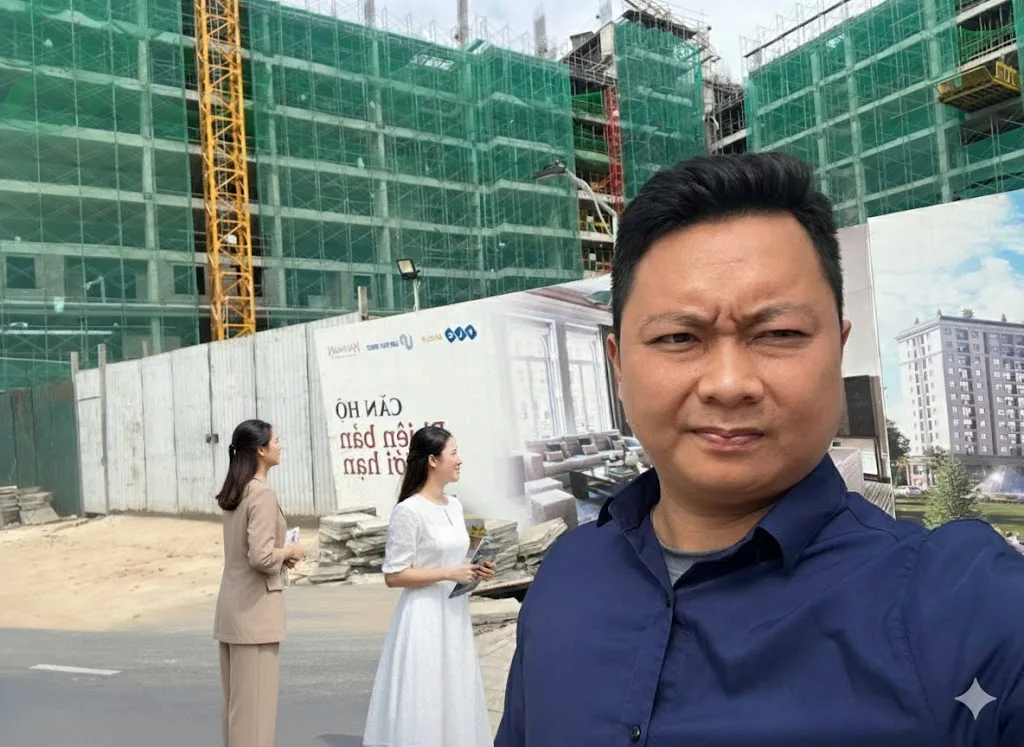 Hai khách hàng hoặc chuyên gia bất động sản đang nói chuyện trước cổng chào dự án FLC Premier Parc, thể hiện phong thủy Hausman FLC và quy mô dự án từ kygoibatdongsan, tel: 0838919648