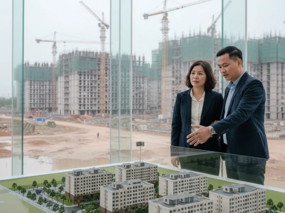 Khách hàng và môi giới xem sa bàn dự án Hausman FLC với bối cảnh công trường đang thi công thực tế phía sau, mang lại trải nghiệm trực quan từ kygoibatdongsan, tel: 0838919648