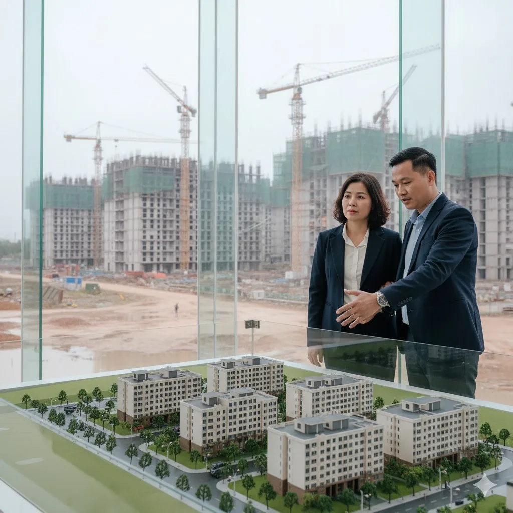 Khách hàng và môi giới xem sa bàn dự án Hausman FLC với bối cảnh công trường đang thi công thực tế phía sau, mang lại trải nghiệm trực quan từ kygoibatdongsan, tel: 0838919648