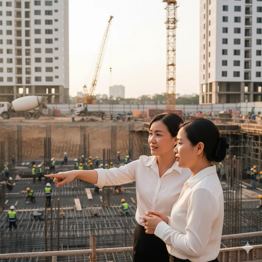 Hình ảnh công trường thực tế chứng minh lý do mua chung cư An Bình Homeland.