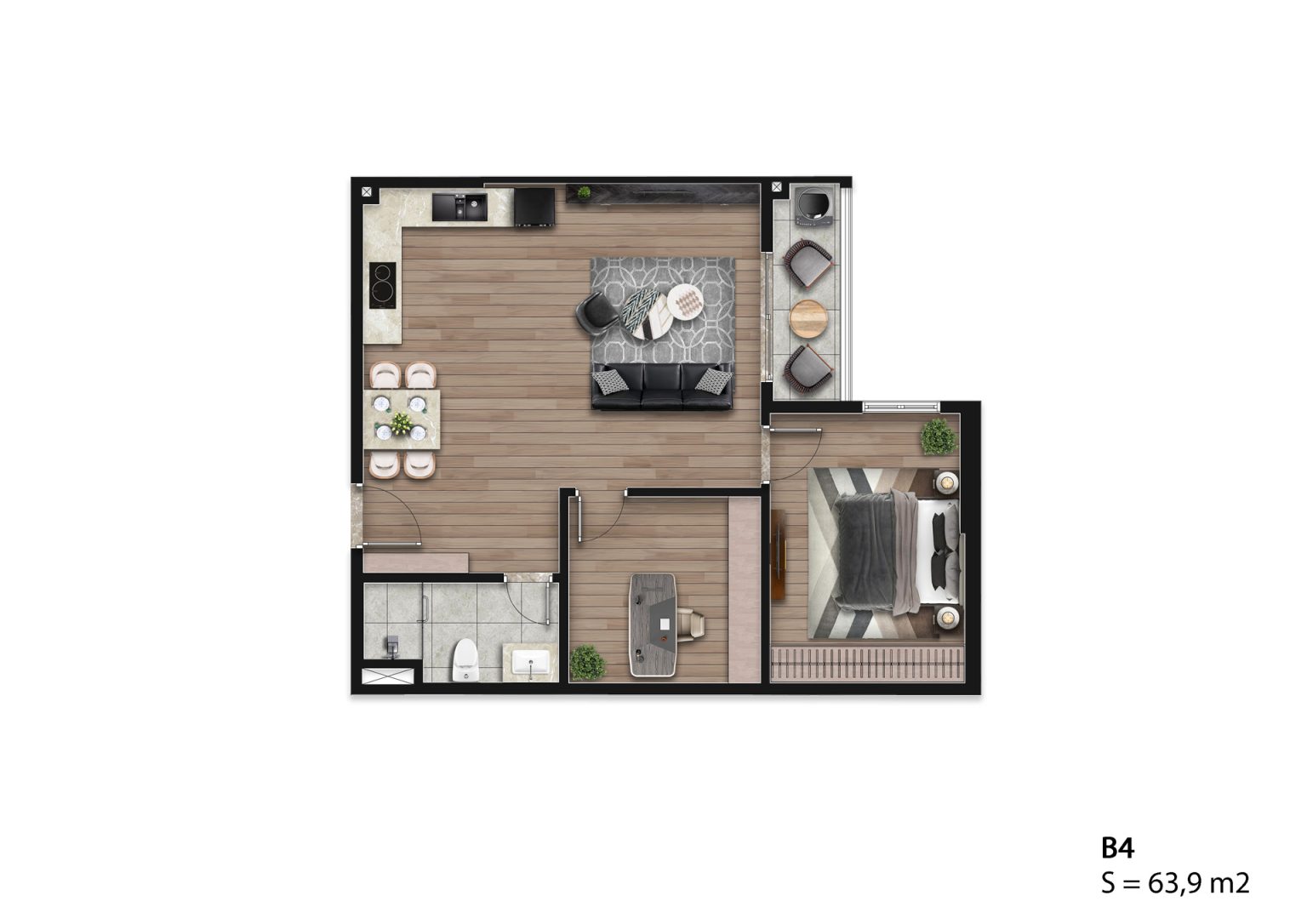 Mặt bằng căn hộ B4 Hausman Đại Mỗ 63,9m2, thiết kế 1 phòng ngủ, 1 WC, phòng khách, bếp và khu vực làm việc.