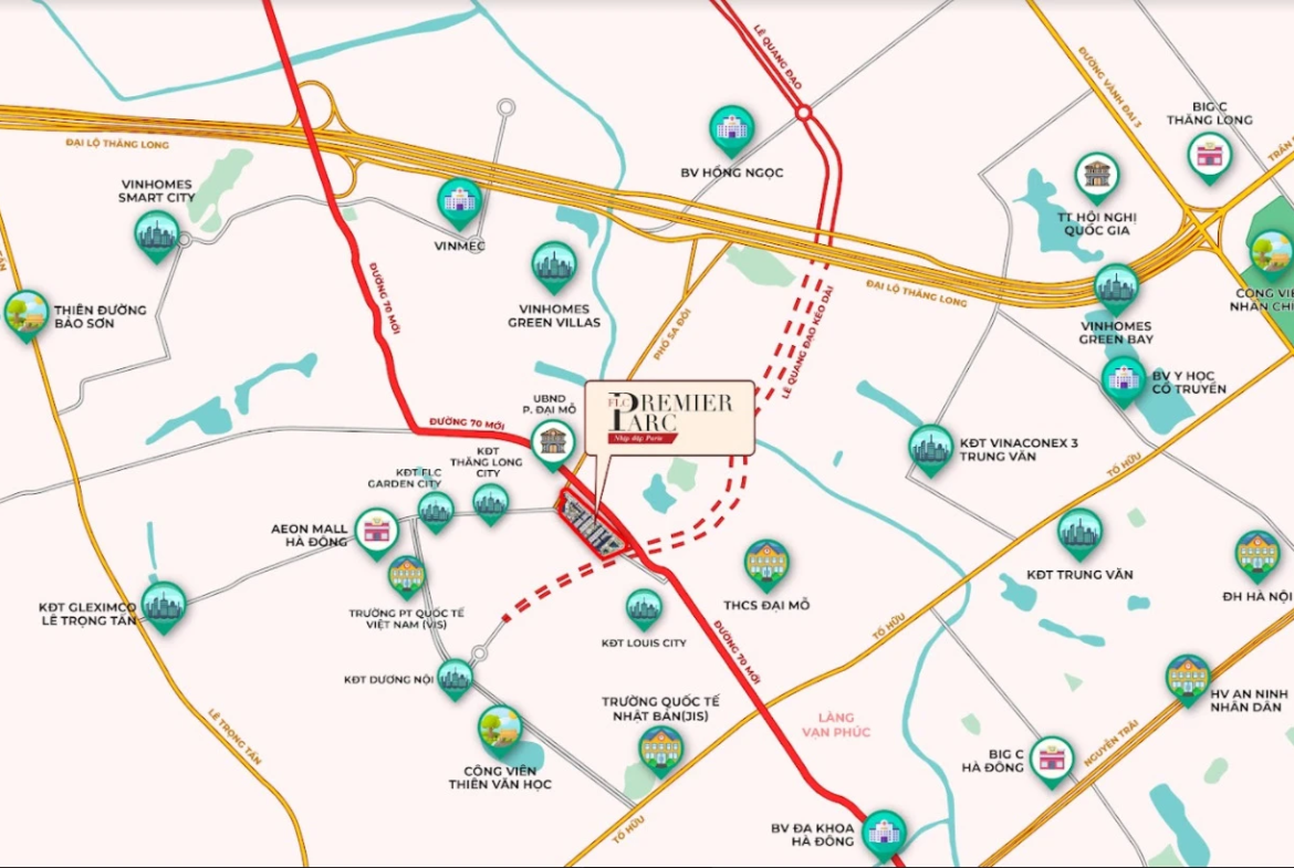 Bản đồ liên kết vùng Hausman FLC Đại Mỗ với các tiện ích Vinhome Smart City, Aeon Mall Hà Đông, Đại lộ Thăng Long. Liên hệ kygoibatdongsan để biết thêm về vị trí.