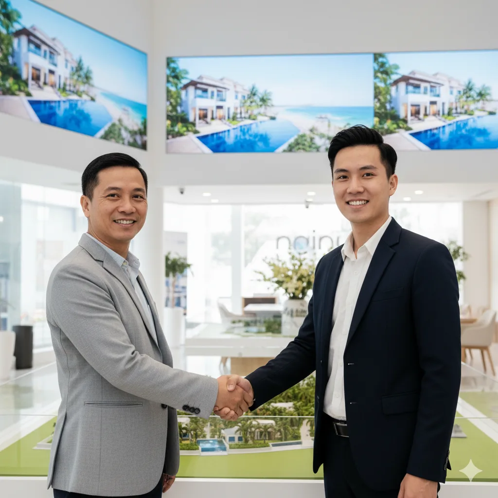 Khoảnh khắc ký kết hợp đồng đầu tư bất động sản nghỉ dưỡng trong văn phòng dự án hiện đại.