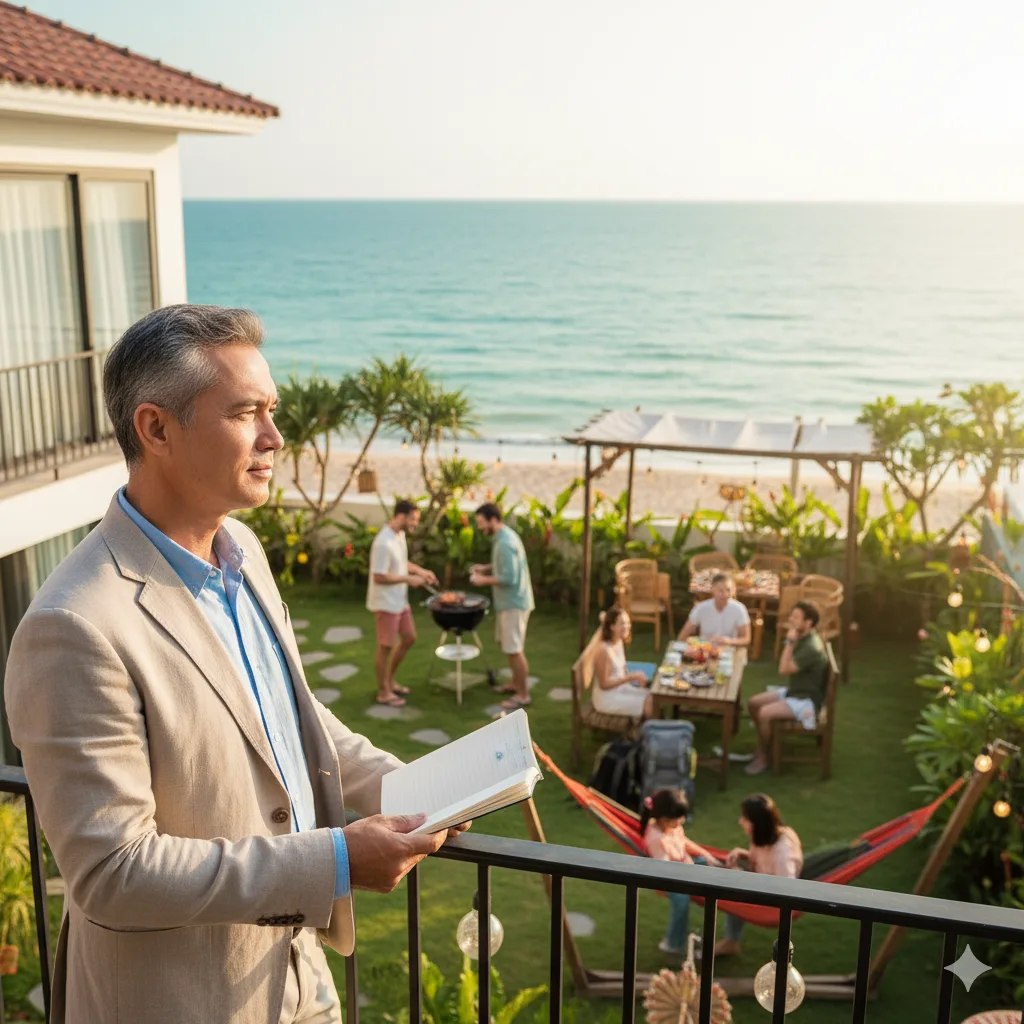 Hình ảnh nhà đầu tư tận hưởng không gian resort cao cấp, minh họa lợi ích bất động sản nghỉ dưỡng.