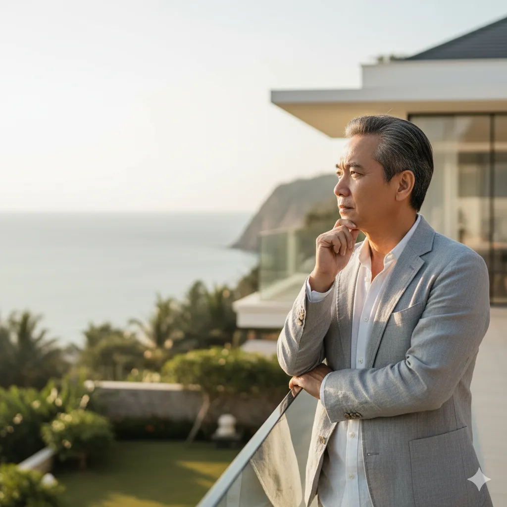 Nhà đầu tư trung niên quan sát mô hình villa nghỉ dưỡng, thể hiện tầm nhìn dài hạn trong đầu tư.