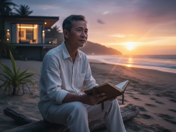 Nhà đầu tư trung niên đứng trước villa ven biển, biểu tượng cho xu hướng bất động sản nghỉ dưỡng