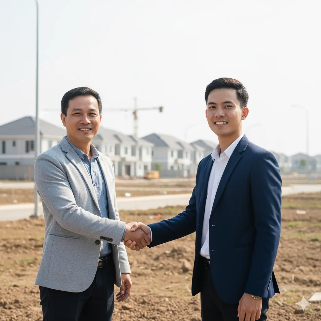 Nhà đầu tư trung niên bắt tay đối tác tại dự án bất động sản vùng ven ngoại ô Hà Nội.