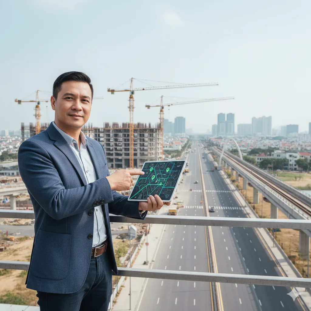 Người đàn ông Việt đứng trước bản đồ quy hoạch, phân tích cơ hội đầu tư bất động sản vùng ven.