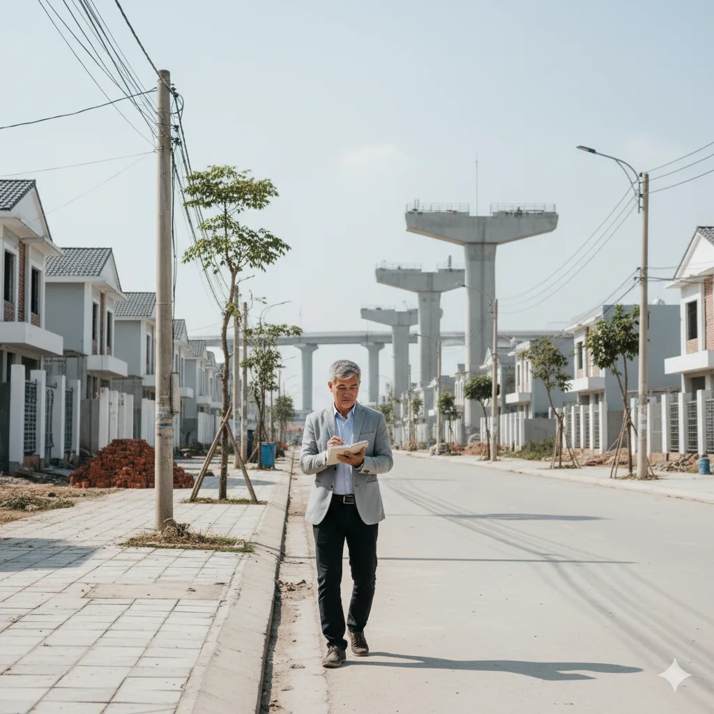 Người đàn ông quan sát công trường xây dựng, biểu tượng cho cơ hội bất động sản vùng ven tăng trưởng.