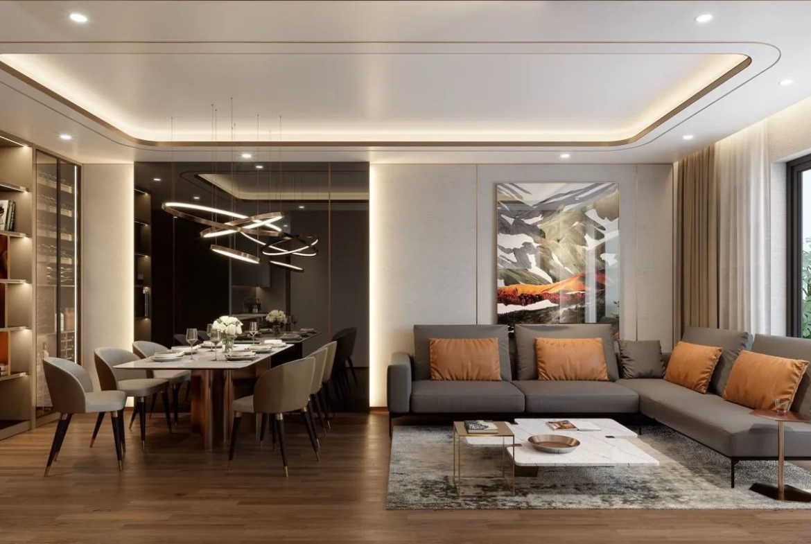 Phòng khách căn hộ mẫu An Bình Homeland thiết kế hiện đại, liên thông bếp, ánh sáng tự nhiên tràn ngập