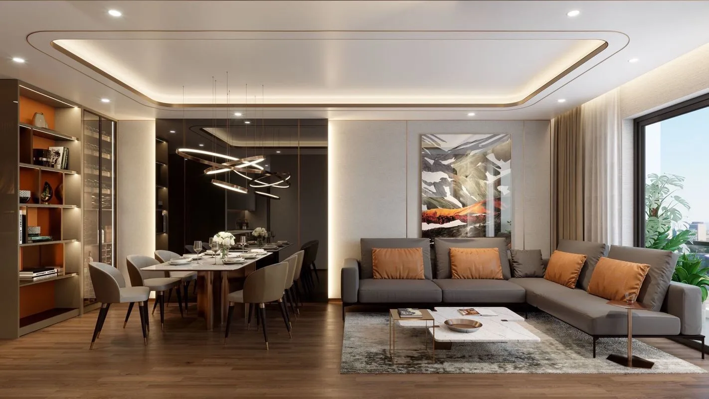 Phòng khách căn hộ mẫu An Bình Homeland thiết kế hiện đại, liên thông bếp, ánh sáng tự nhiên tràn ngập