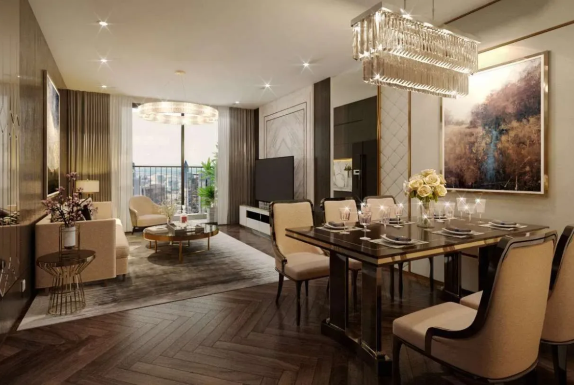 Phòng bếp căn hộ mẫu An Bình Homeland liên thông phòng khách, thiết kế tối ưu công năng