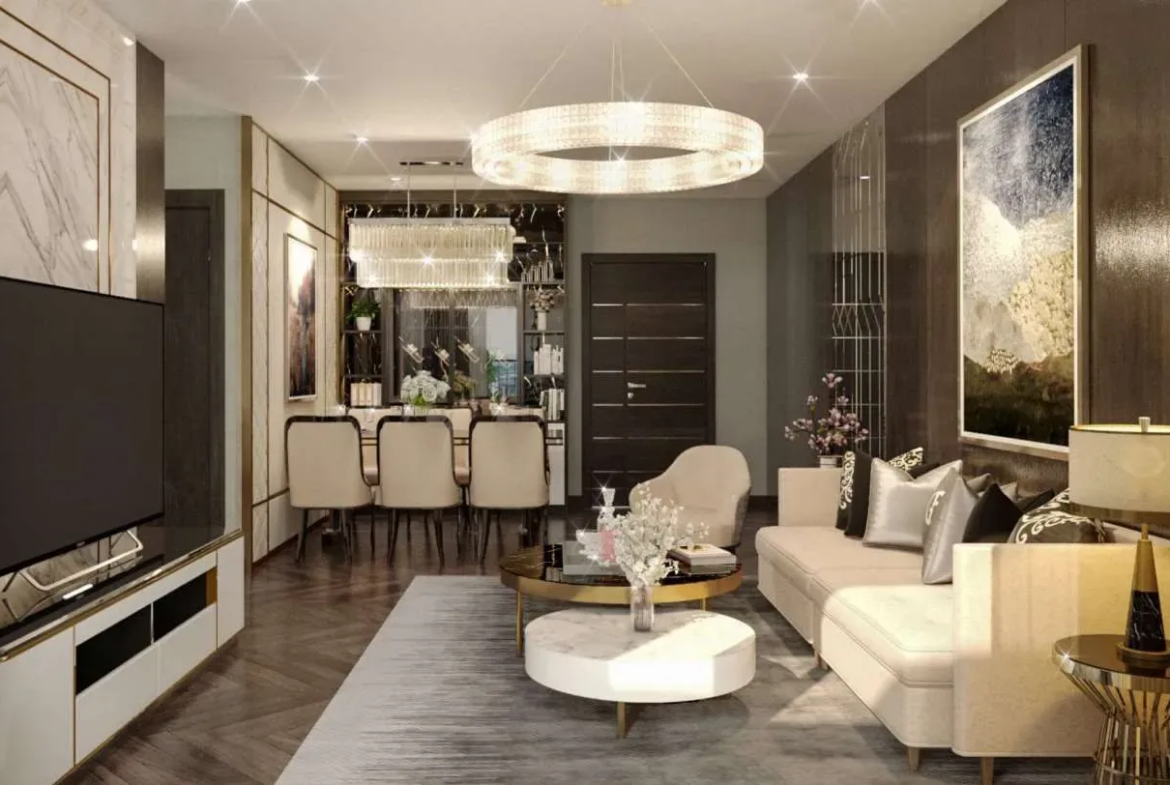 Phòng khách – bếp mở căn hộ mẫu An Bình Homeland, không gian liên thông tối ưu diện tích.