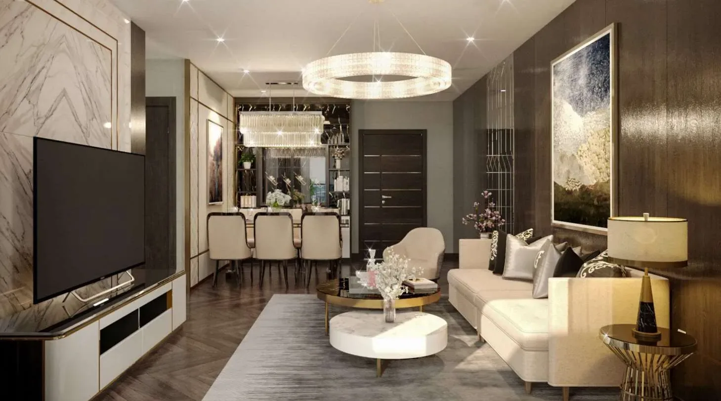 Phòng khách – bếp mở căn hộ mẫu An Bình Homeland, không gian liên thông tối ưu diện tích.