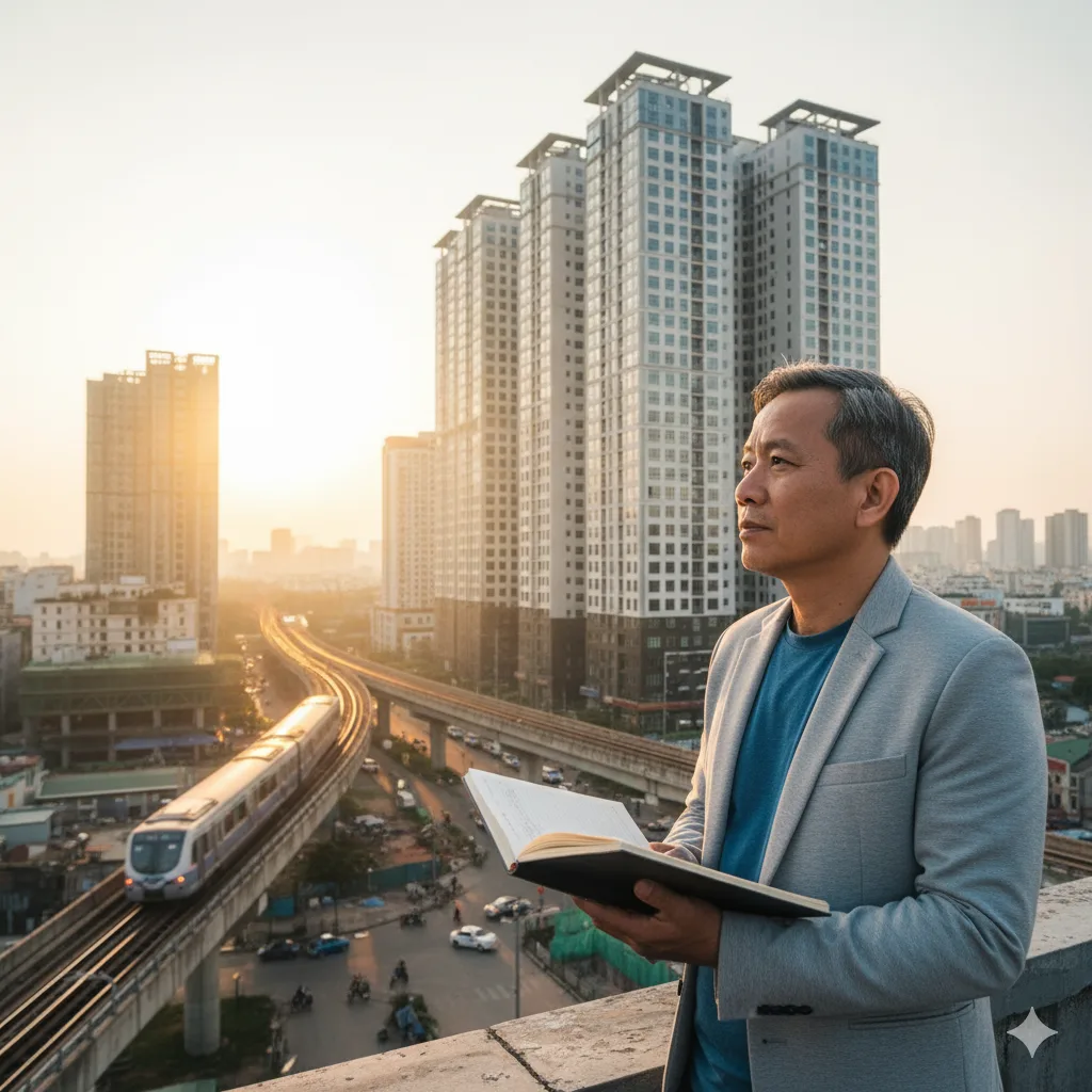 Nhà đầu tư trung niên tại Hà Đông suy ngẫm về câu hỏi có nên đầu tư bất động sản căn hộ cho thuê.