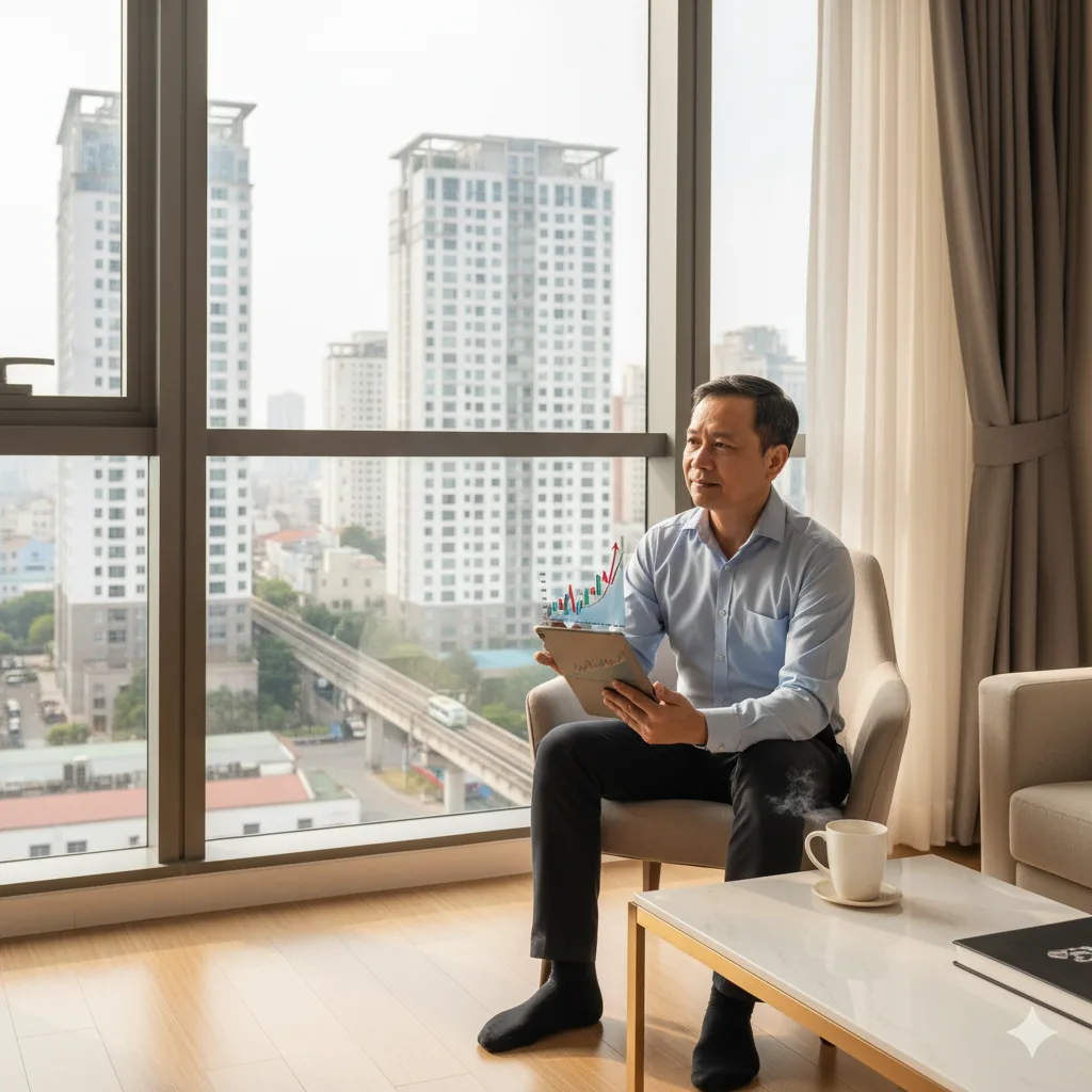 Nhà đầu tư phân tích bản vẽ và kế hoạch tài chính trong căn hộ, minh họa cho thắc mắc có nên đầu tư bất động sản.