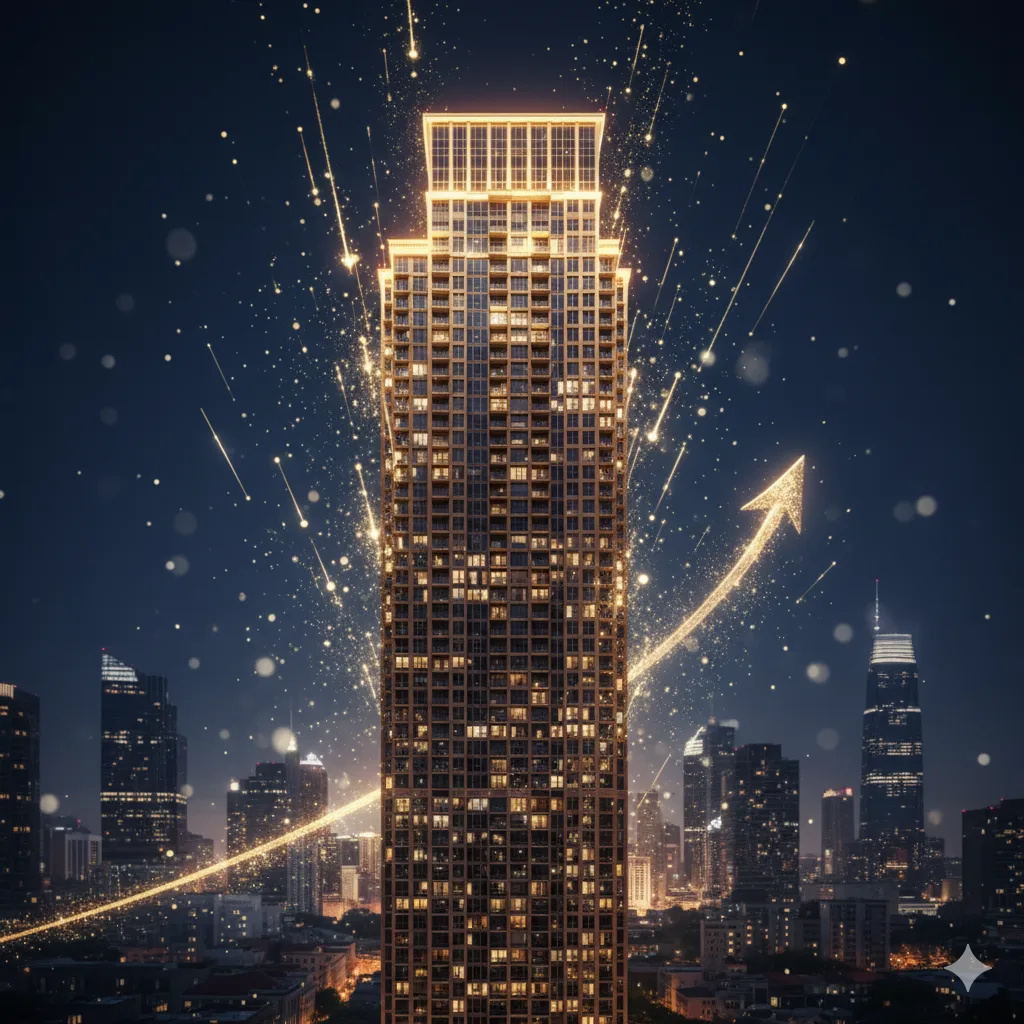 Tòa tháp chung cư cao cấp lung linh ánh đèn, hình ảnh thành công trong đầu tư bất động sản.