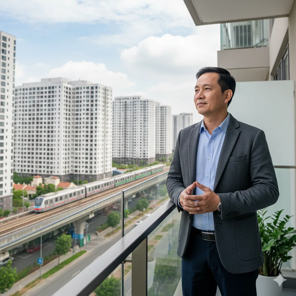 Ảnh thực tế doanh nhân Việt đứng trước căn hộ Hà Đông, minh họa Đầu tư vs Cho Thuê hay Lướt Sóng