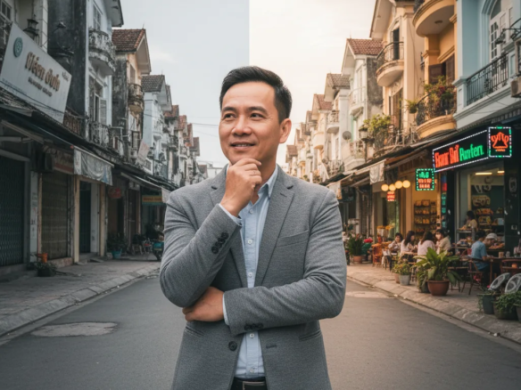 Nhà đầu tư trung niên khảo sát shophouse vùng ven Hà Nội trong chiến lược đầu tư shophouse dài hạn.