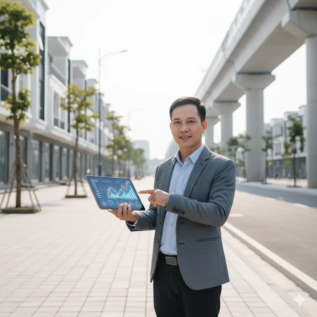 Bức ảnh thực tế nhà đầu tư Việt Nam đang phân tích bản đồ quy hoạch để quyết định đầu tư shophouse.