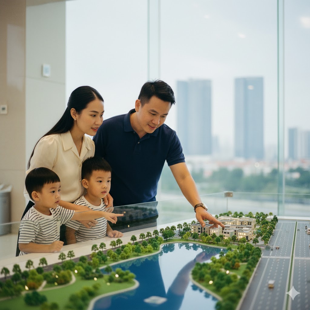 Gia đình Việt Nam xem sa bàn dự án, hình dung tiện ích Hausman FLC qua mô hình hồ cảnh quan và khu dân cư. Liên hệ kygoibatdongsan: 0838919648.