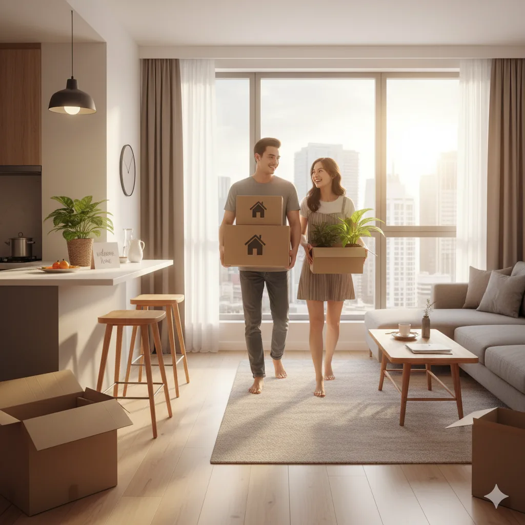 Gia đình trẻ dọn vào căn hộ mới thuê, minh chứng thành công từ đầu tư bất động sản.