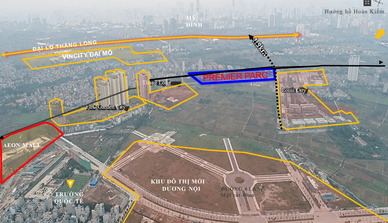 Vị trí Hausman FLC cách trung tâm Hà Nội chỉ 10 phút 6 Sơ đồ vệ tinh thể hiện vị trí Hausman FLC Premier Parc, liên kết đến Mỹ Đình, Vinhome Smart City, Đại lộ Thăng Long và các khu đô thị khác. Phân tích bởi kygoibatdongsan.