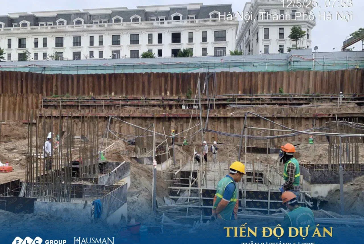 Cận cảnh thi công móng và hầm dự án Hausman FLC Đại Mỗ tháng 5/2025, cho thấy hoạt động xây dựng đang diễn ra. Thông tin chi tiết tại Kygoibatdongsan 0838919648.
