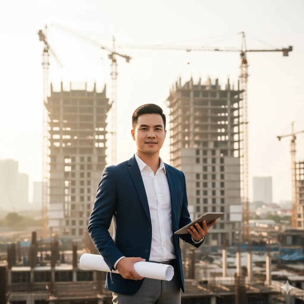 Chuyên gia bất động sản trẻ người Việt tại công trường Hausman FLC, thể hiện sự chuyên nghiệp và minh bạch trong tư vấn dự án. Kygoibatdongsan 0838919648