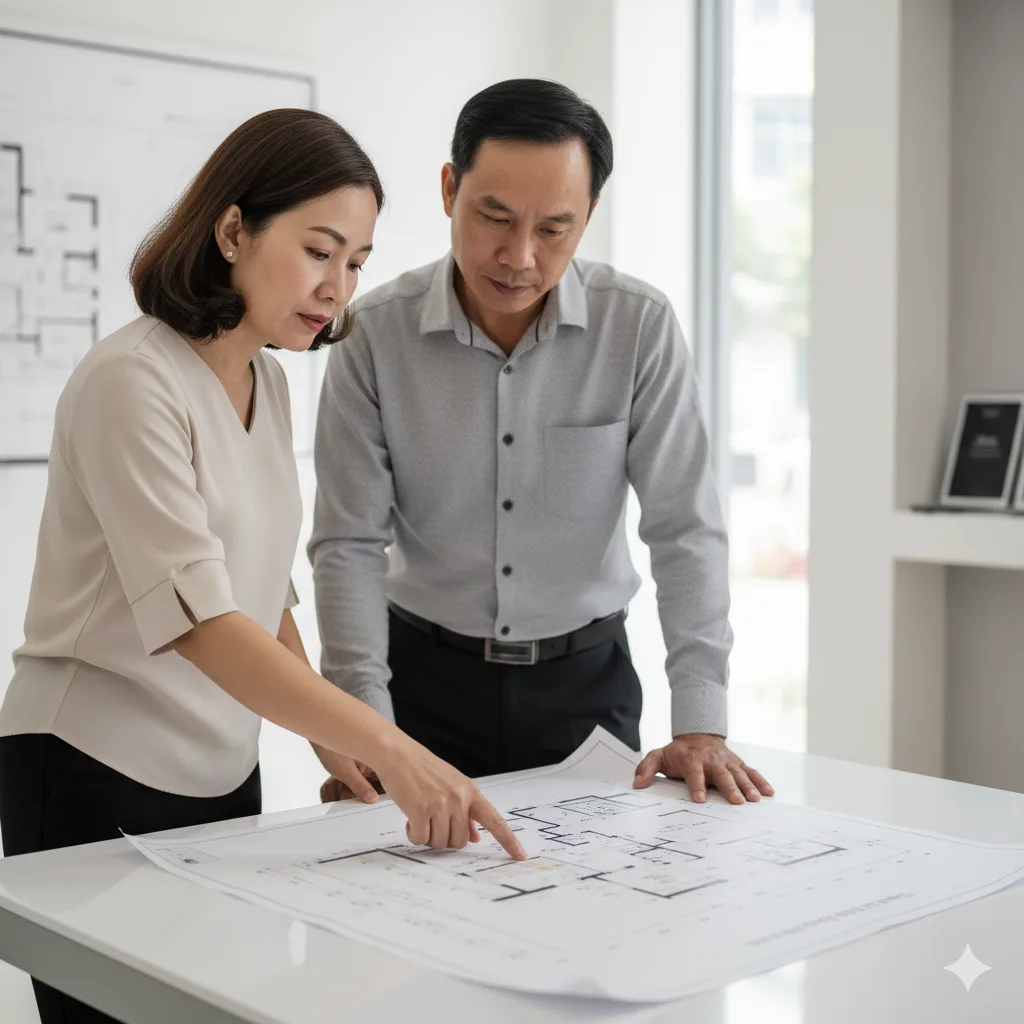 Vợ chồng Việt trung niên đứng trong căn hộ thô, nhìn ra view, hình dung layout căn hộ An Bình Homeland.