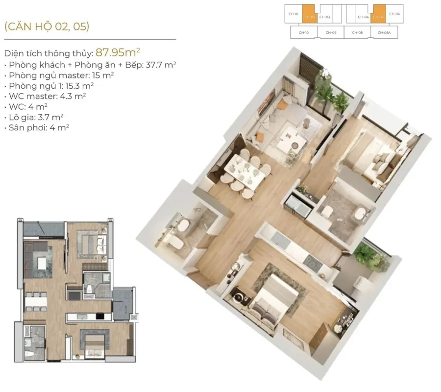 Mặt bằng căn hộ 2PN+1 Chung cư An Bình Dương Nội, diện tích 75m2, phòng khách liên thông bếp, ban công rộng rãi.