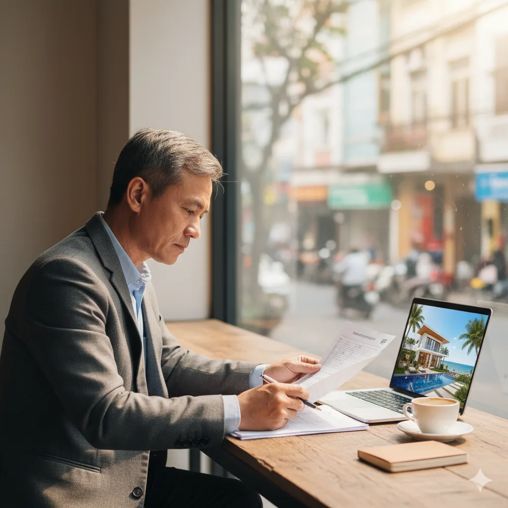 Người Việt trung niên xem tài liệu dự án second home nghỉ dưỡng