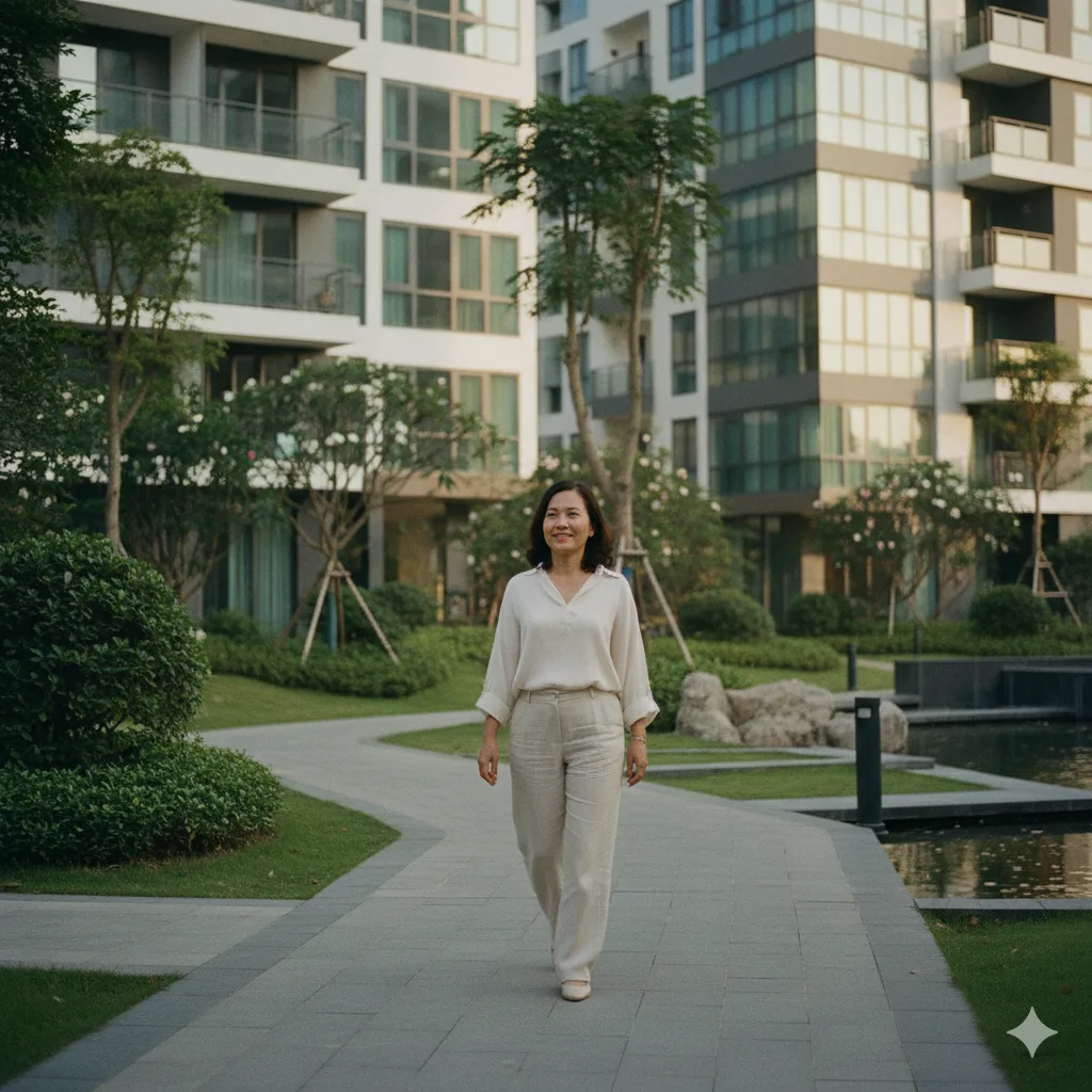 Phụ nữ trung niên Việt đi dạo, cảm nhận tiện ích xanh và tổng thể mặt bằng An Bình Homeland.