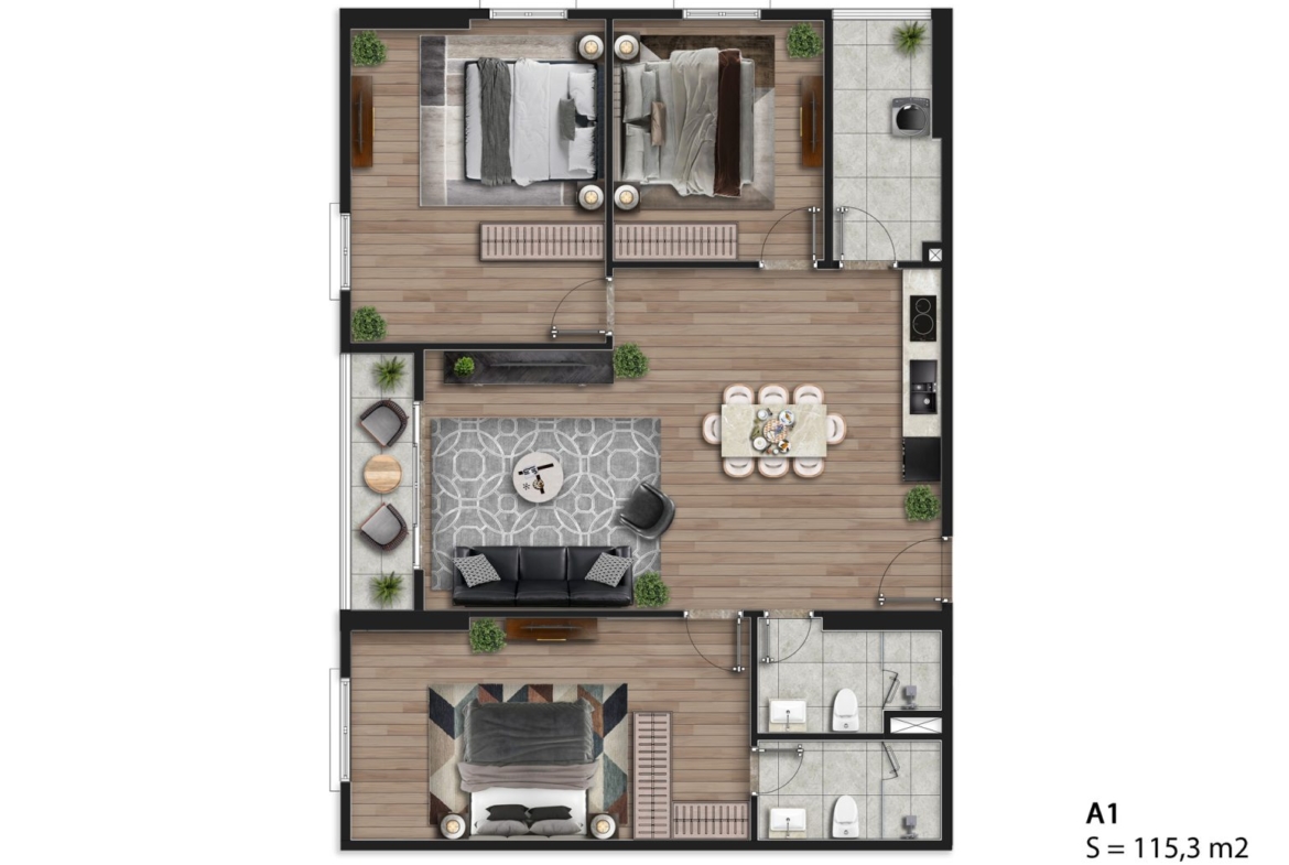 Mặt bằng căn hộ A1 Hausman Đại Mỗ 115,3m2, bố trí 3 phòng ngủ, phòng khách, bếp đảo và 2 phòng tắm.