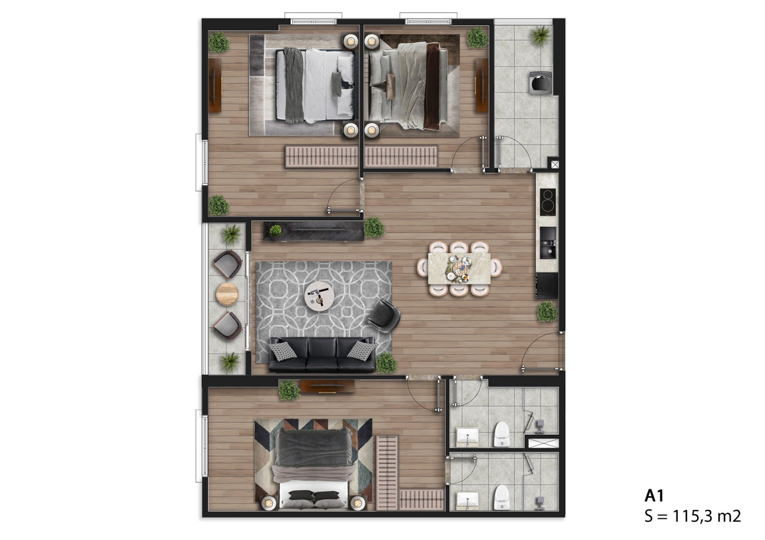 Mặt bằng căn hộ A1 Hausman Đại Mỗ 115,3m2, bố trí 3 phòng ngủ, phòng khách, bếp đảo và 2 phòng tắm.