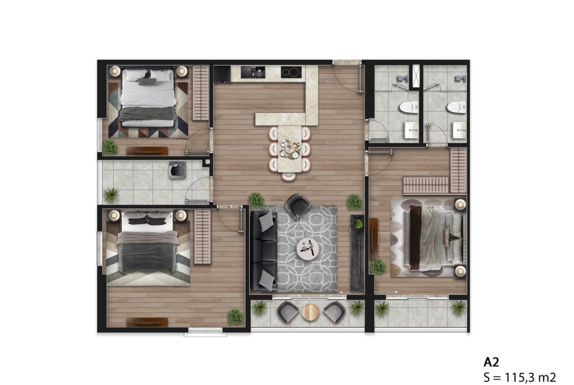 Mặt bằng căn hộ A2 Hausman Đại Mỗ 115,3m2, thiết kế 3 phòng ngủ, phòng khách liên thông bếp ăn và 2 nhà vệ sinh.