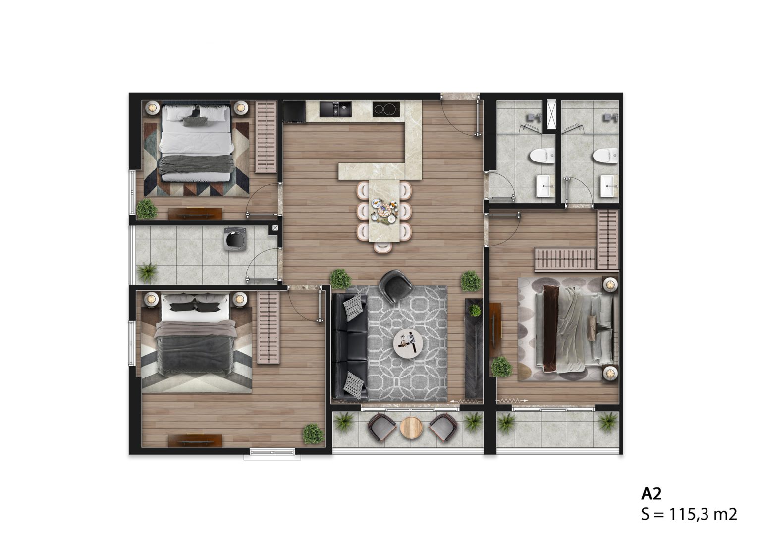 Mặt bằng căn hộ A2 Hausman Đại Mỗ 115,3m2, thiết kế 3 phòng ngủ, phòng khách liên thông bếp ăn và 2 nhà vệ sinh.