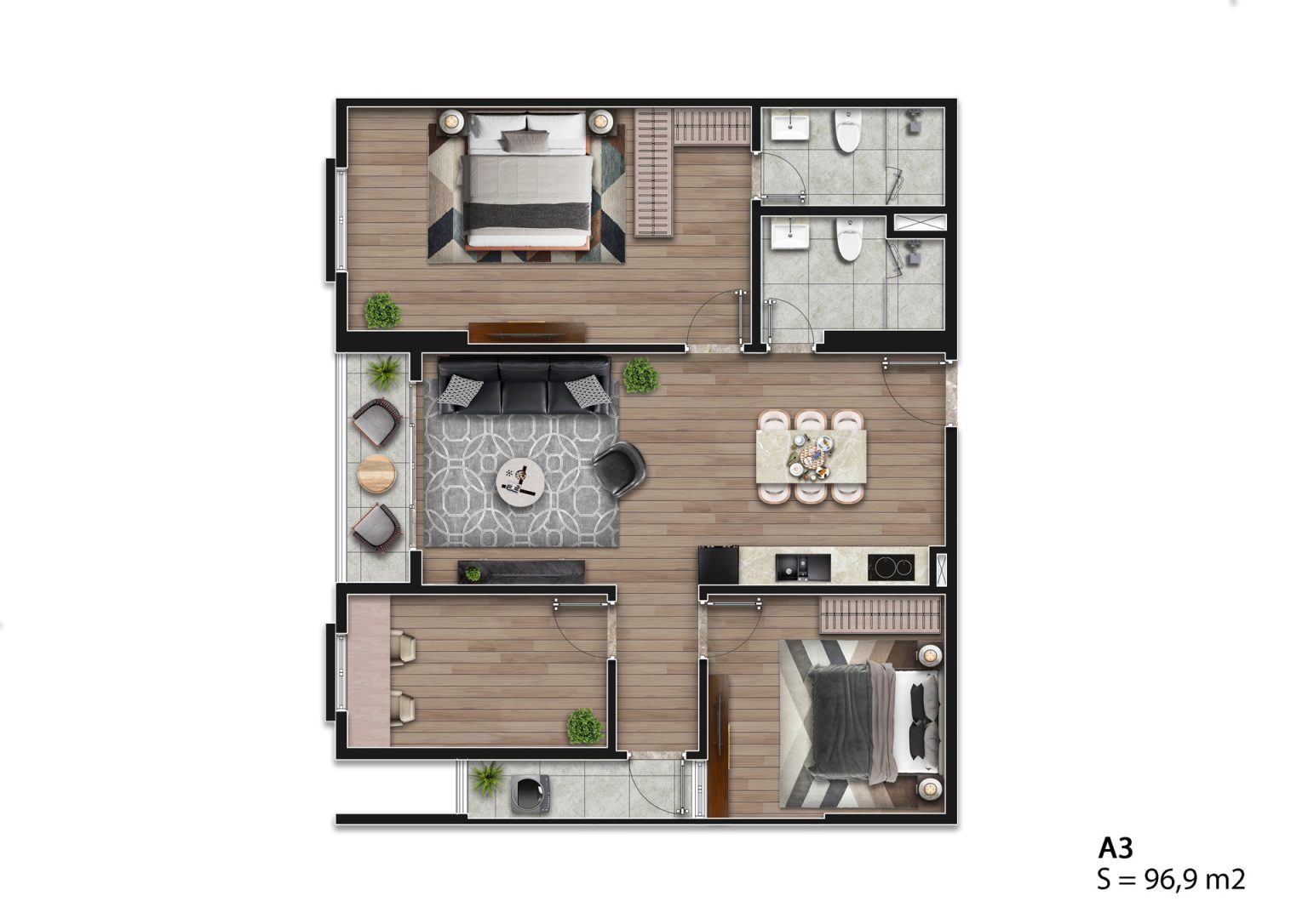 Mặt bằng căn hộ A3 Hausman Đại Mỗ 96,9m2, bố cục 2 phòng ngủ, phòng khách, khu vực bếp ăn và 2 phòng vệ sinh.