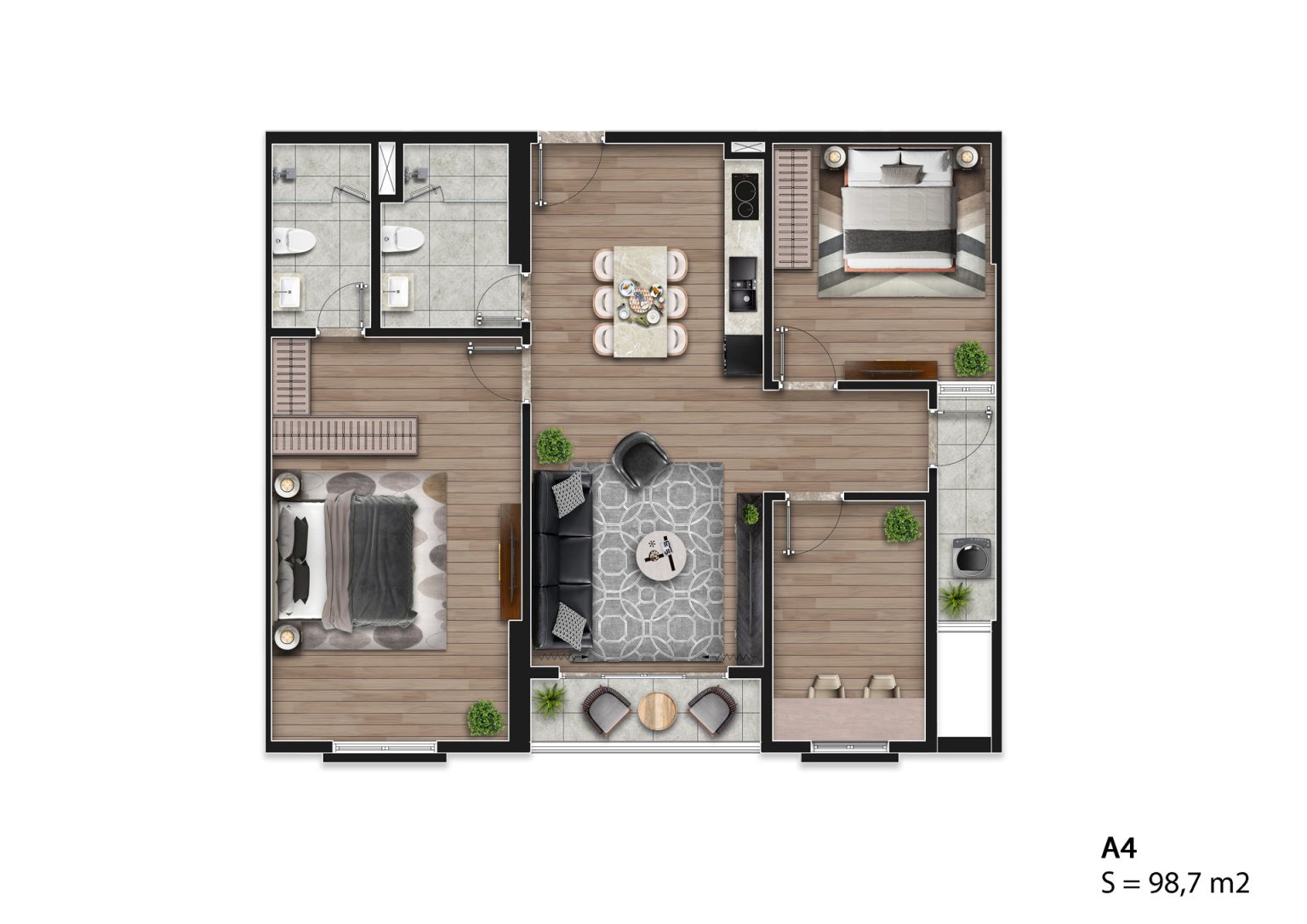 Mặt bằng căn hộ A4 Hausman Đại Mỗ 98,7m2, thiết kế 2 phòng ngủ, 2 WC, phòng khách, bếp và phòng ăn.