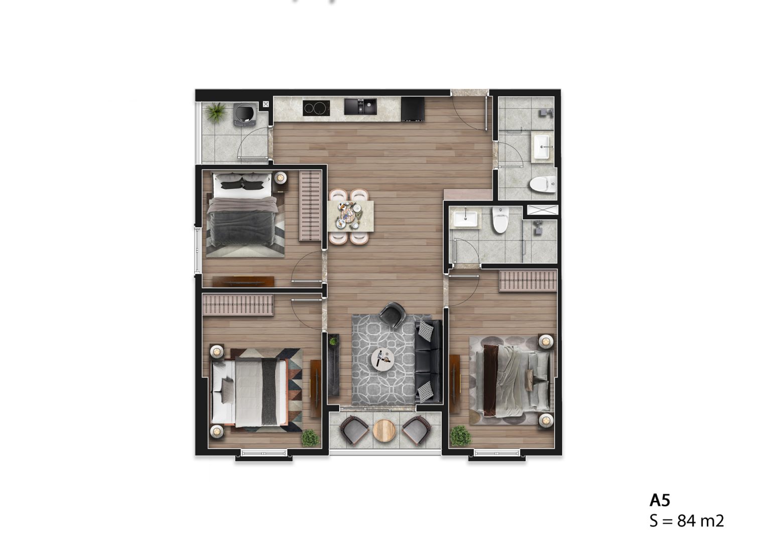 Mặt bằng căn hộ A5 Hausman Đại Mỗ 84m2, thiết kế 3 phòng ngủ, 1 WC, phòng khách liên thông bếp ăn.