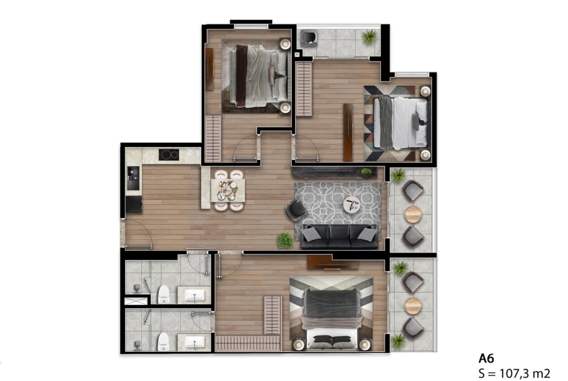 Mặt bằng căn hộ A6 Hausman Đại Mỗ 107,3m2, thiết kế 3 phòng ngủ, 2 WC, khu vực sinh hoạt chung và ban công.