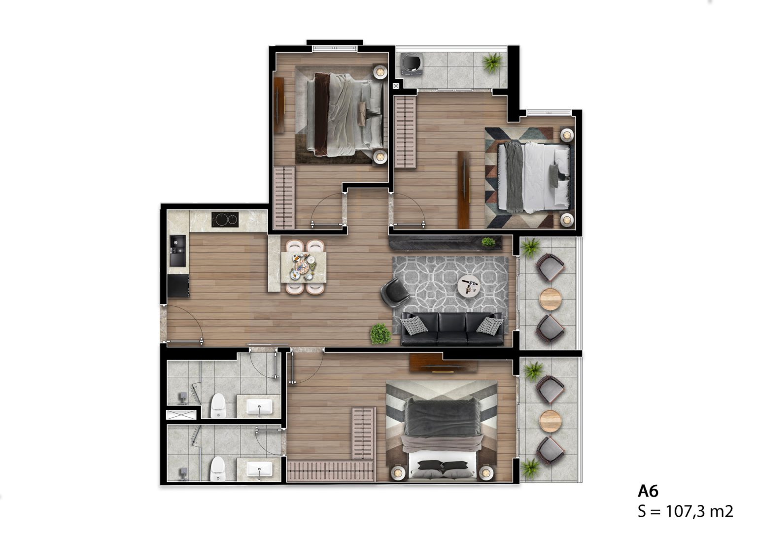 Mặt bằng căn hộ A6 Hausman Đại Mỗ 107,3m2, thiết kế 3 phòng ngủ, 2 WC, khu vực sinh hoạt chung và ban công.