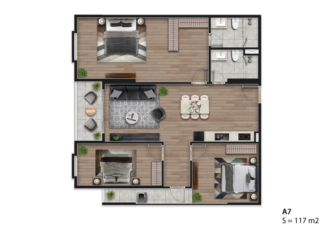 Mặt bằng căn hộ A7 Hausman Đại Mỗ 117m2, bố trí 3 phòng ngủ, phòng khách, bếp, phòng ăn và ban công rộng.